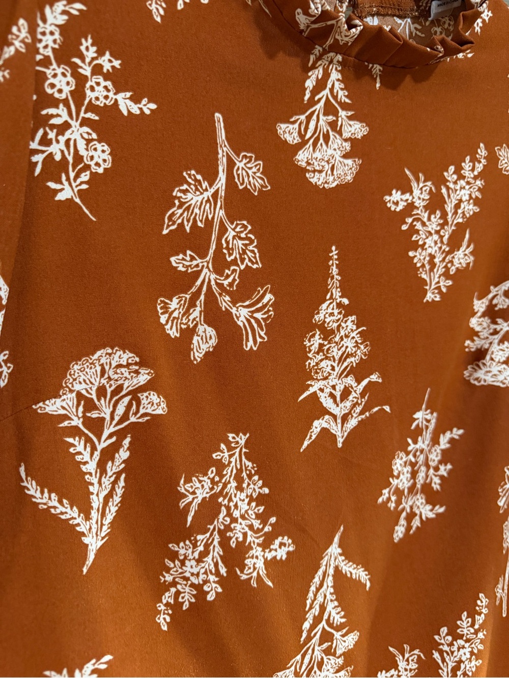 Rust Floral Long-Sleeve Women's Top with Pleated High Keyhole Neck - Picture 2 of 8